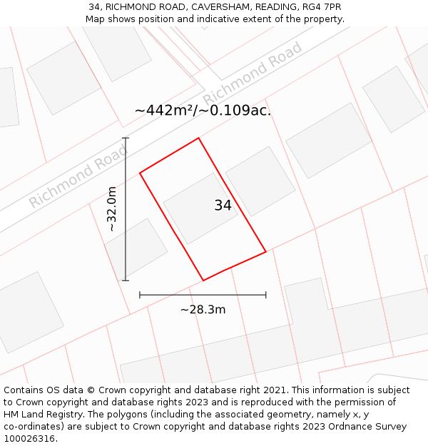 34, RICHMOND ROAD, CAVERSHAM, READING, RG4 7PR: Plot and title map