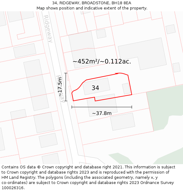 34, RIDGEWAY, BROADSTONE, BH18 8EA: Plot and title map