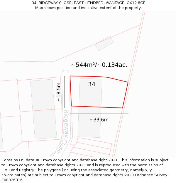 34, RIDGEWAY CLOSE, EAST HENDRED, WANTAGE, OX12 8GF: Plot and title map