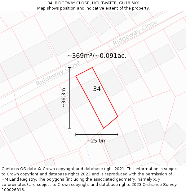 34, RIDGEWAY CLOSE, LIGHTWATER, GU18 5XX: Plot and title map