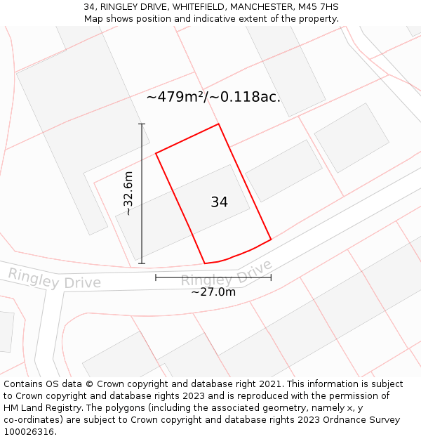 34, RINGLEY DRIVE, WHITEFIELD, MANCHESTER, M45 7HS: Plot and title map