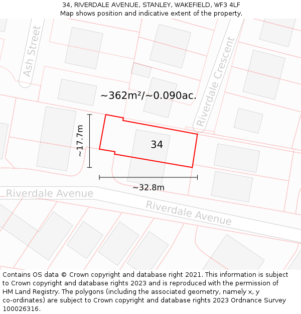 34, RIVERDALE AVENUE, STANLEY, WAKEFIELD, WF3 4LF: Plot and title map