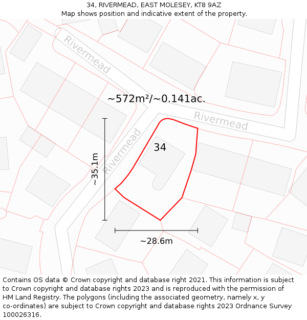 34, RIVERMEAD, EAST MOLESEY, KT8 9AZ: Plot and title map
