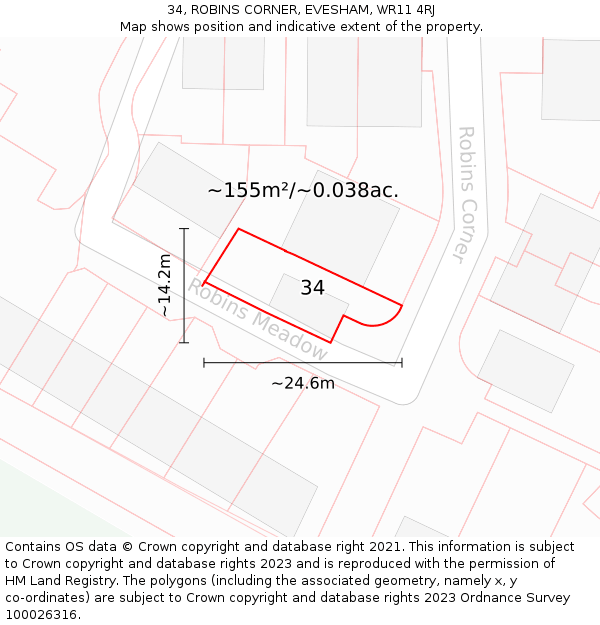 34, ROBINS CORNER, EVESHAM, WR11 4RJ: Plot and title map