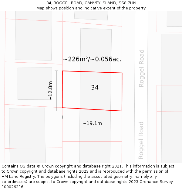 34, ROGGEL ROAD, CANVEY ISLAND, SS8 7HN: Plot and title map