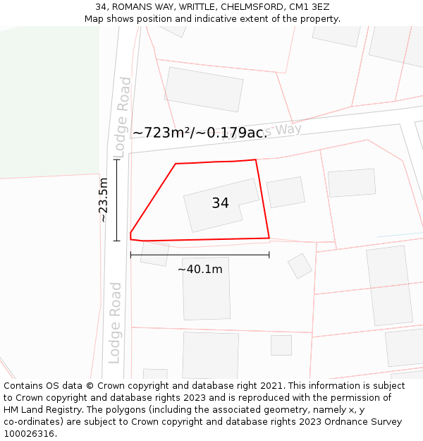 34, ROMANS WAY, WRITTLE, CHELMSFORD, CM1 3EZ: Plot and title map