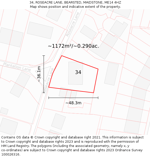 34, ROSEACRE LANE, BEARSTED, MAIDSTONE, ME14 4HZ: Plot and title map