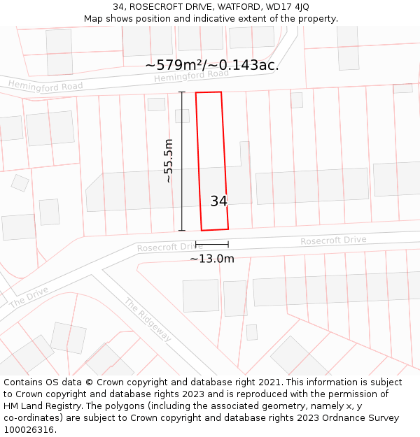 34, ROSECROFT DRIVE, WATFORD, WD17 4JQ: Plot and title map