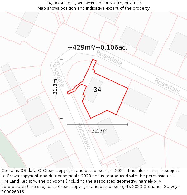 34, ROSEDALE, WELWYN GARDEN CITY, AL7 1DR: Plot and title map