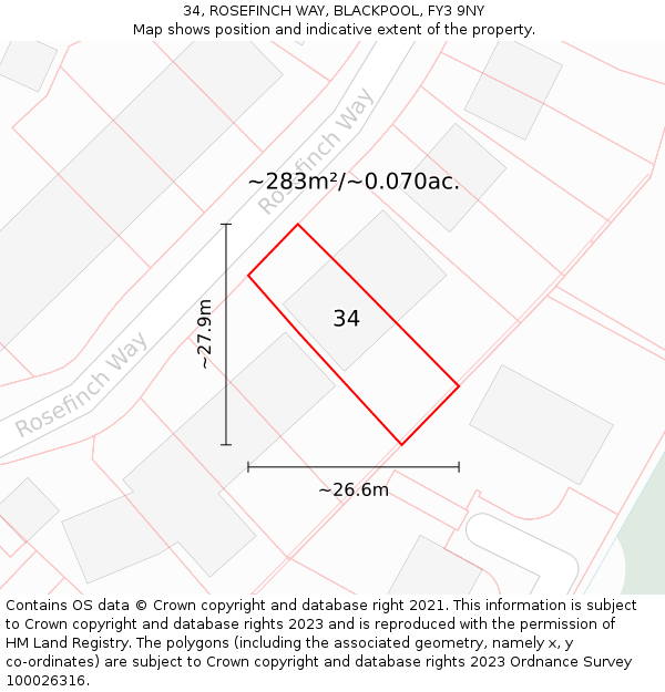 34, ROSEFINCH WAY, BLACKPOOL, FY3 9NY: Plot and title map