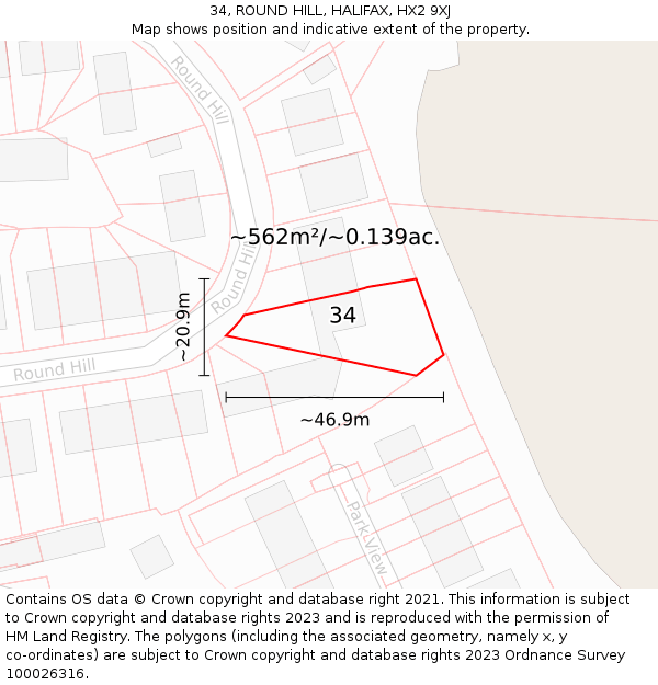 34, ROUND HILL, HALIFAX, HX2 9XJ: Plot and title map