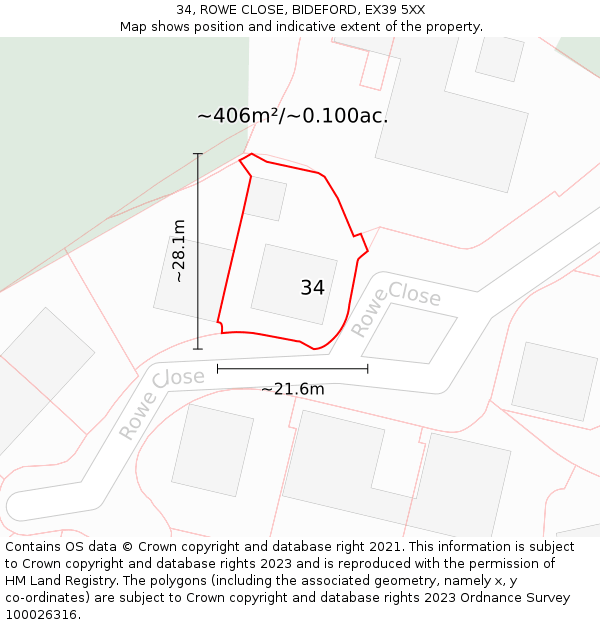 34, ROWE CLOSE, BIDEFORD, EX39 5XX: Plot and title map