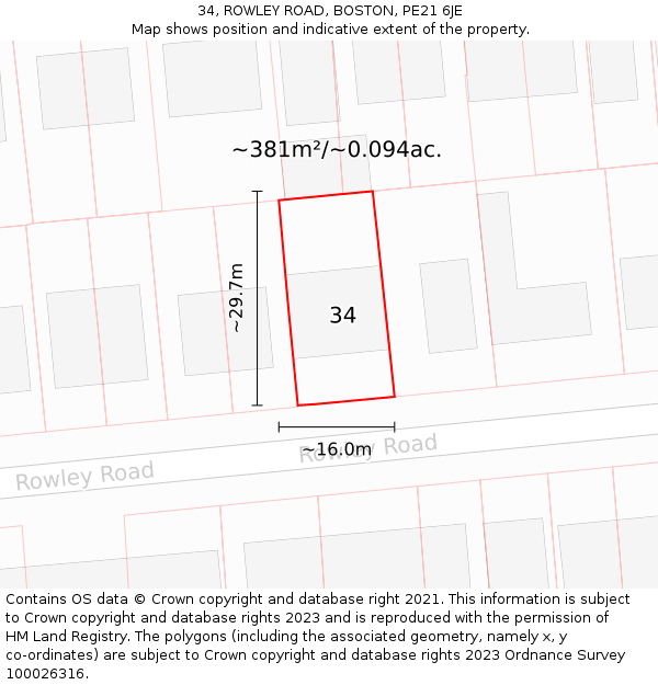 34, ROWLEY ROAD, BOSTON, PE21 6JE: Plot and title map