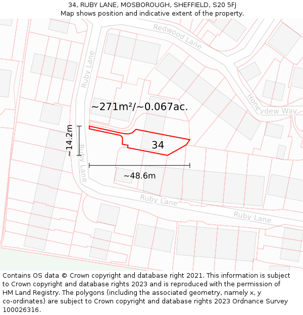 34, RUBY LANE, MOSBOROUGH, SHEFFIELD, S20 5FJ: Plot and title map