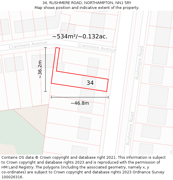 34, RUSHMERE ROAD, NORTHAMPTON, NN1 5RY: Plot and title map