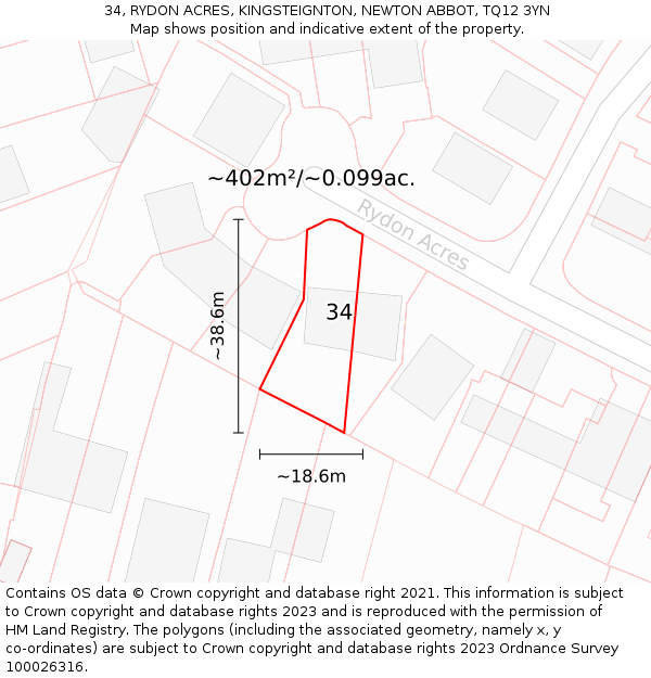 34, RYDON ACRES, KINGSTEIGNTON, NEWTON ABBOT, TQ12 3YN: Plot and title map