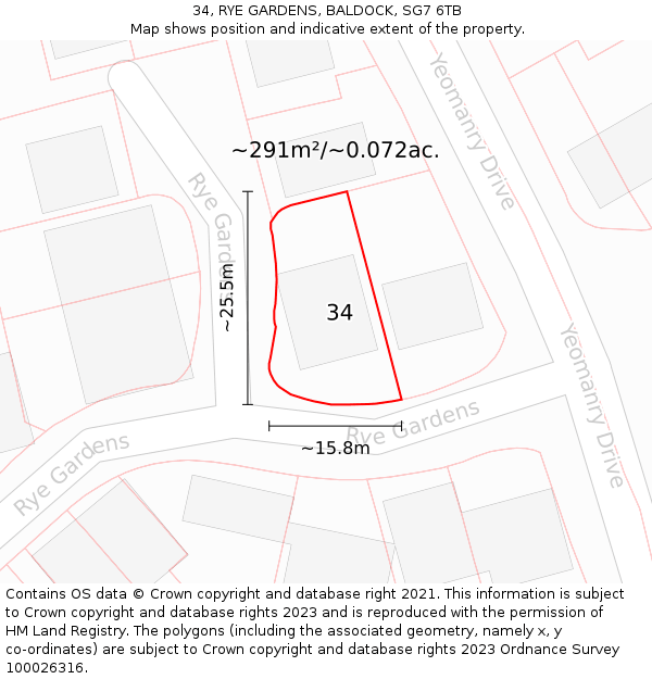 34, RYE GARDENS, BALDOCK, SG7 6TB: Plot and title map