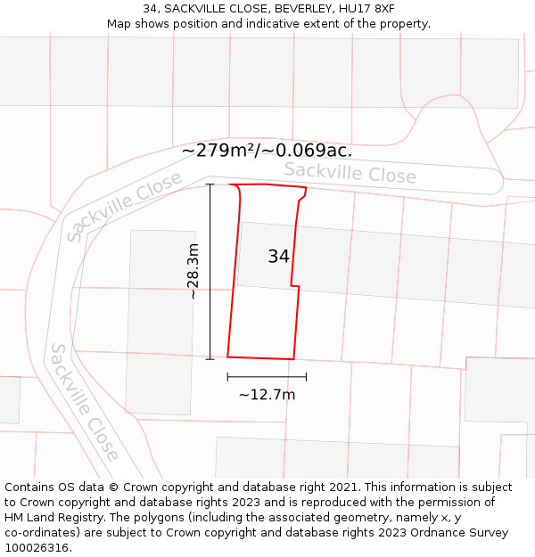 34, SACKVILLE CLOSE, BEVERLEY, HU17 8XF: Plot and title map