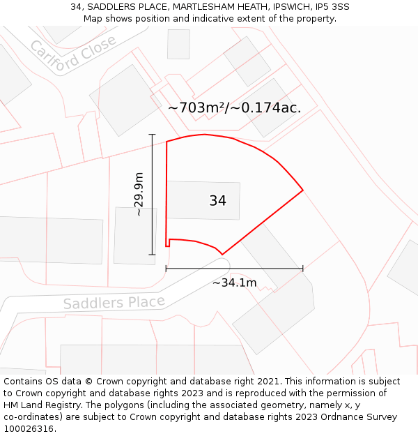 34, SADDLERS PLACE, MARTLESHAM HEATH, IPSWICH, IP5 3SS: Plot and title map