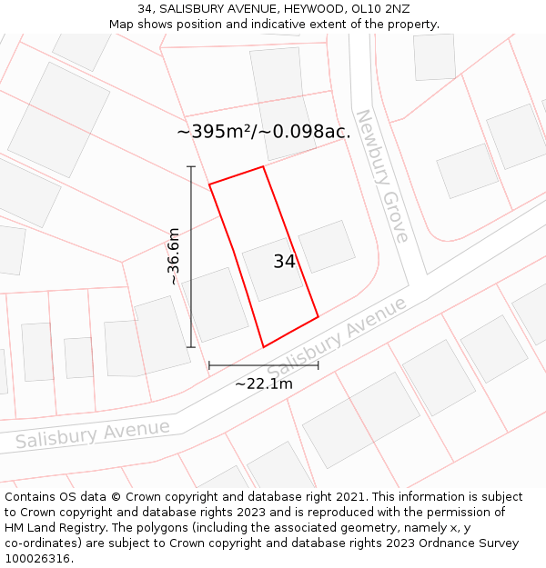 34, SALISBURY AVENUE, HEYWOOD, OL10 2NZ: Plot and title map