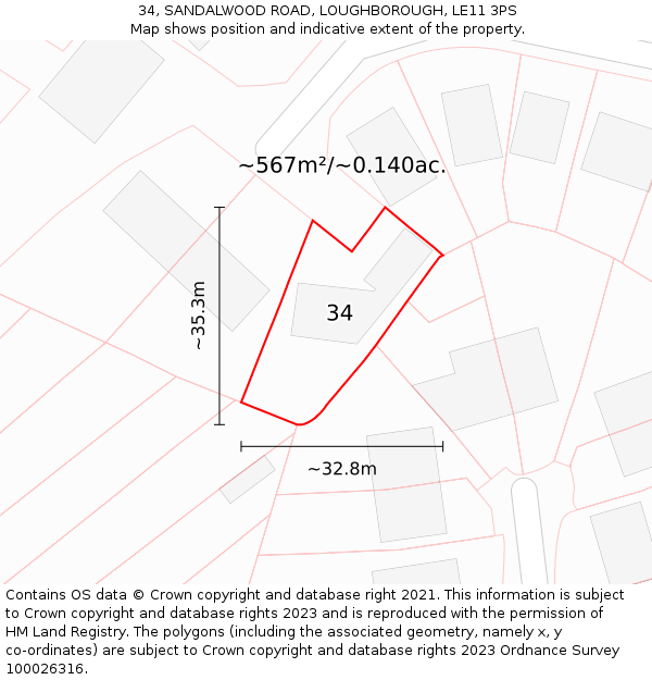 34, SANDALWOOD ROAD, LOUGHBOROUGH, LE11 3PS: Plot and title map
