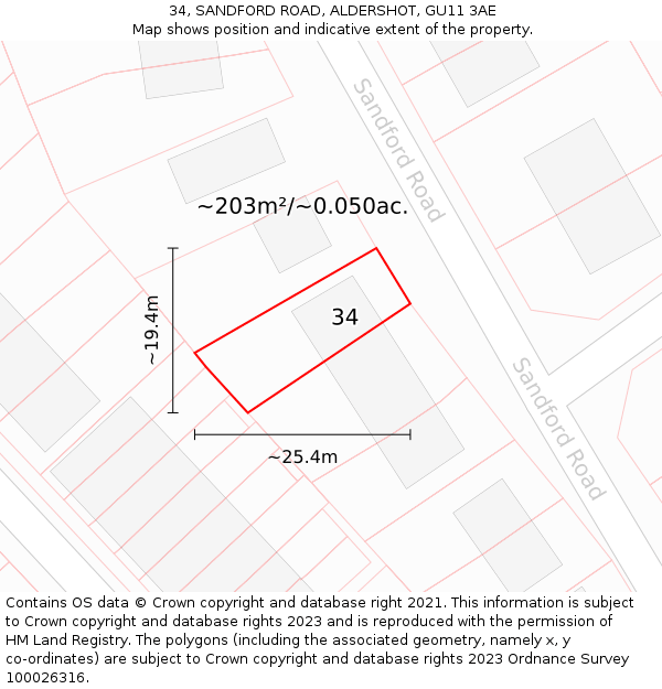 34, SANDFORD ROAD, ALDERSHOT, GU11 3AE: Plot and title map