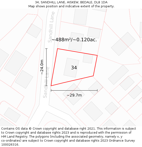 34, SANDHILL LANE, AISKEW, BEDALE, DL8 1DA: Plot and title map