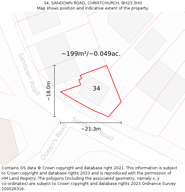 34, SANDOWN ROAD, CHRISTCHURCH, BH23 3HG: Plot and title map