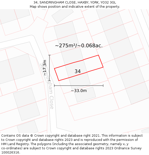 34, SANDRINGHAM CLOSE, HAXBY, YORK, YO32 3GL: Plot and title map