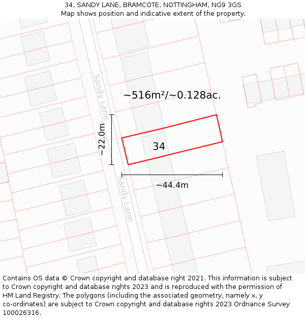 34, SANDY LANE, BRAMCOTE, NOTTINGHAM, NG9 3GS: Plot and title map