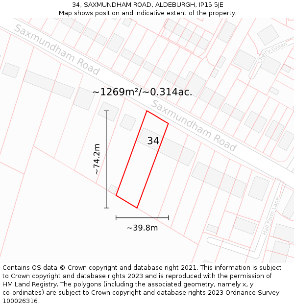 34, SAXMUNDHAM ROAD, ALDEBURGH, IP15 5JE: Plot and title map