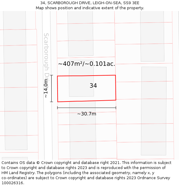 34, SCARBOROUGH DRIVE, LEIGH-ON-SEA, SS9 3EE: Plot and title map