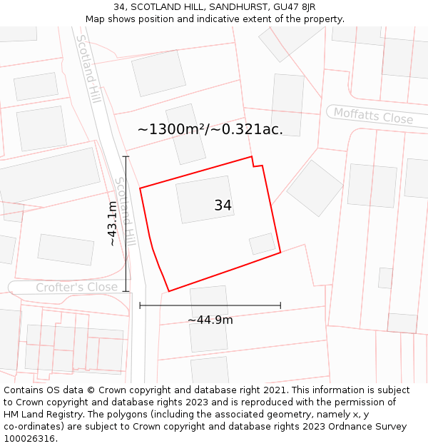 34, SCOTLAND HILL, SANDHURST, GU47 8JR: Plot and title map