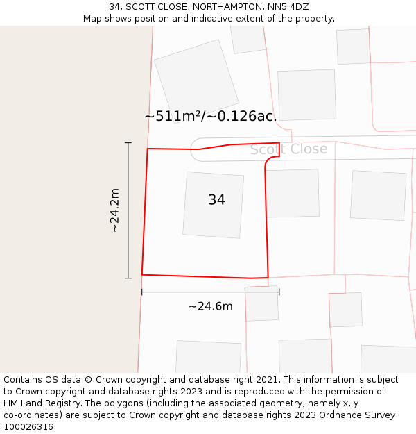 34, SCOTT CLOSE, NORTHAMPTON, NN5 4DZ: Plot and title map