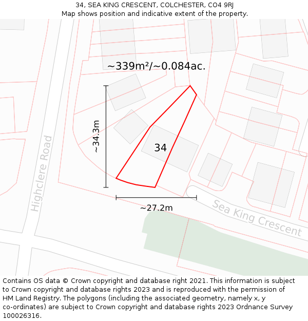 34, SEA KING CRESCENT, COLCHESTER, CO4 9RJ: Plot and title map