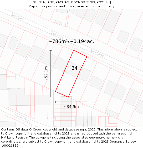 34, SEA LANE, PAGHAM, BOGNOR REGIS, PO21 4UJ: Plot and title map