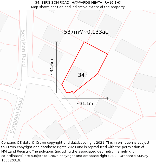 34, SERGISON ROAD, HAYWARDS HEATH, RH16 1HX: Plot and title map