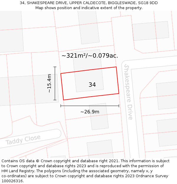 34, SHAKESPEARE DRIVE, UPPER CALDECOTE, BIGGLESWADE, SG18 9DD: Plot and title map