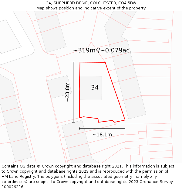 34, SHEPHERD DRIVE, COLCHESTER, CO4 5BW: Plot and title map