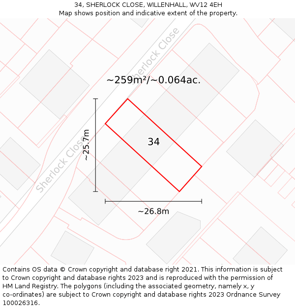 34, SHERLOCK CLOSE, WILLENHALL, WV12 4EH: Plot and title map