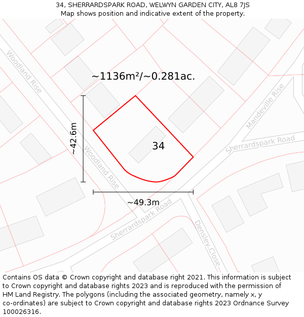 34, SHERRARDSPARK ROAD, WELWYN GARDEN CITY, AL8 7JS: Plot and title map