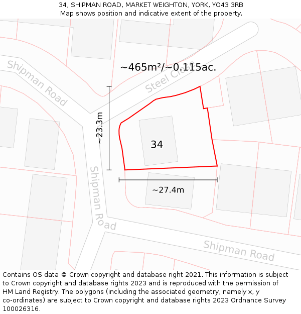 34, SHIPMAN ROAD, MARKET WEIGHTON, YORK, YO43 3RB: Plot and title map