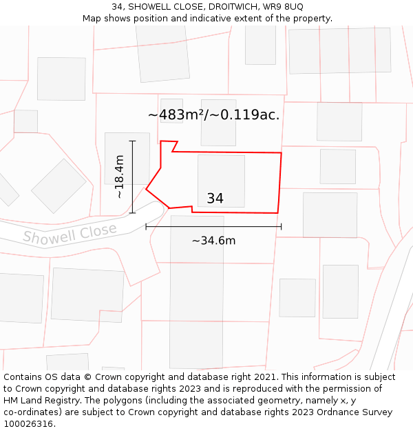 34, SHOWELL CLOSE, DROITWICH, WR9 8UQ: Plot and title map