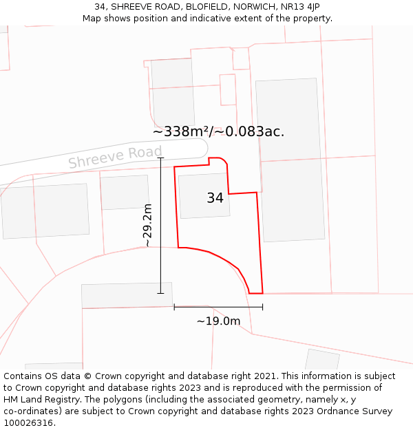 34, SHREEVE ROAD, BLOFIELD, NORWICH, NR13 4JP: Plot and title map