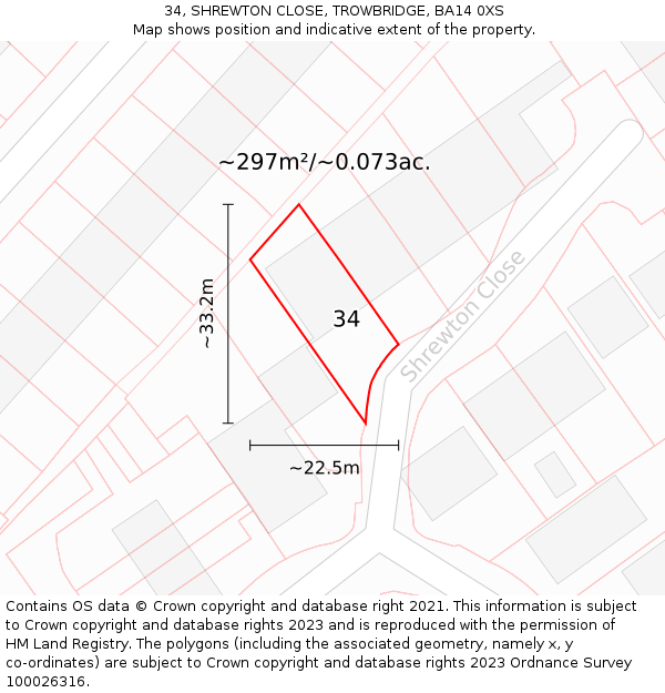 34, SHREWTON CLOSE, TROWBRIDGE, BA14 0XS: Plot and title map