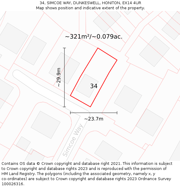 34, SIMCOE WAY, DUNKESWELL, HONITON, EX14 4UR: Plot and title map