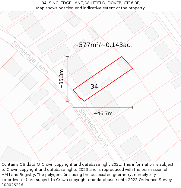 34, SINGLEDGE LANE, WHITFIELD, DOVER, CT16 3EJ: Plot and title map