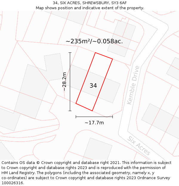 34, SIX ACRES, SHREWSBURY, SY3 6AF: Plot and title map