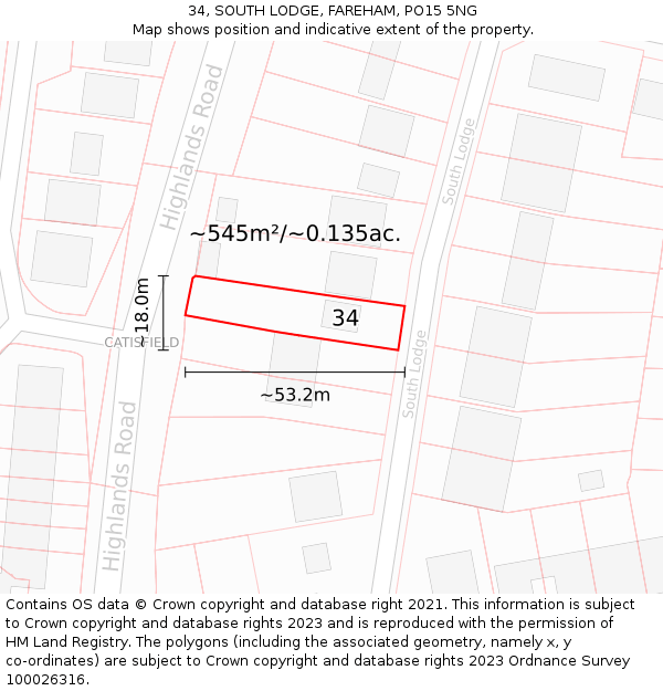 34, SOUTH LODGE, FAREHAM, PO15 5NG: Plot and title map