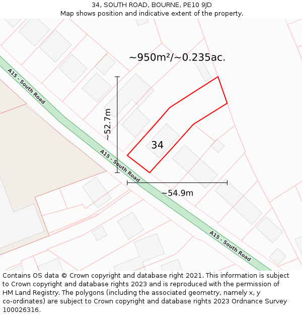 34, SOUTH ROAD, BOURNE, PE10 9JD: Plot and title map